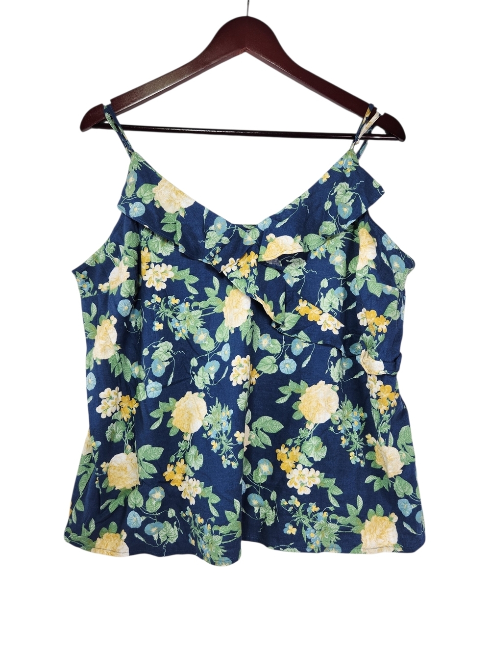 Old Navy Navy Floral Ruffle Cami XL Yellow Blooms Linen Blend Faux Wrap Spring